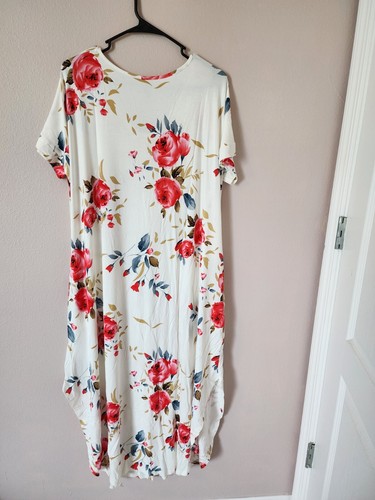 PrinStory Women's Short Sleeve Casual Loose Shirt Dress White With Flowers, XXL - 第 6/6 張圖片