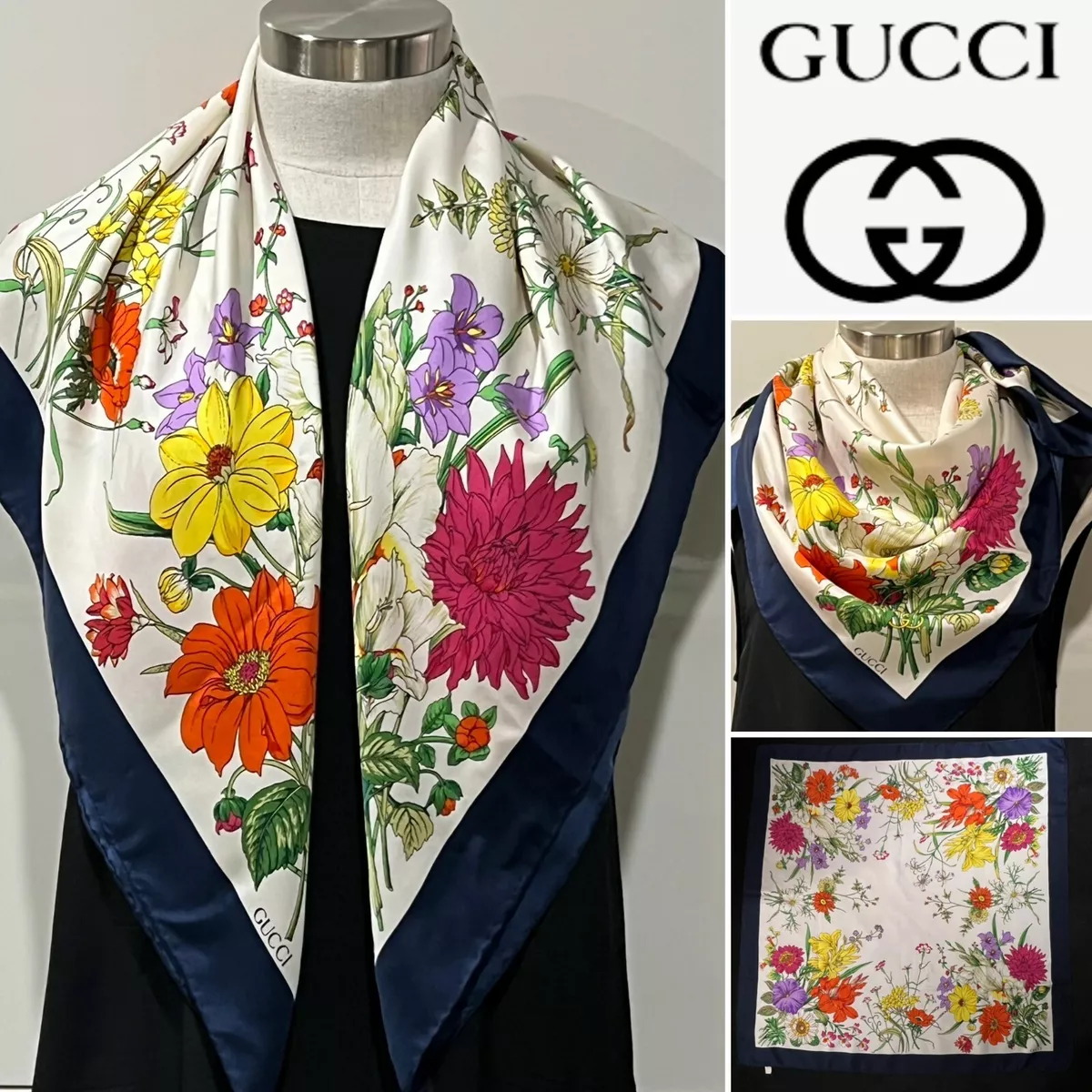 GUCCI Italy Vintage Silk Twill Navy,White Comb Floral Scarf 86x86cm  Handroll Hem