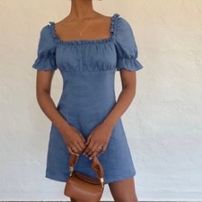 Reformation Robles Blue Linen Mini Dress Size 8