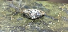 Petite Antique 14K Solid Wht Gold Filigree Natural Diamond Ring Art Deco Sz 3.5