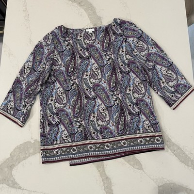 J. Jill Adara Paisley Faux WrappedBack Top Boatneck Blouse Womens Medium Violet