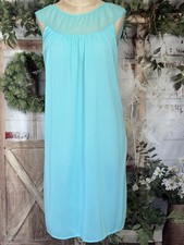 Vintage Blue Semi-Sheer Nylon Nightgown Size Small Slip Dress Lingerie