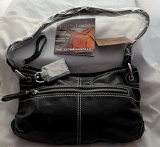 Tignanello Black Pebbled Leather w/ white stitching Shoulder Hobo Bag Purse *NEW