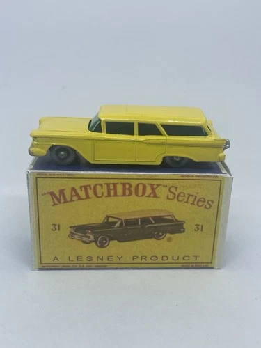 Matchbox Lesney 31 Ford Station Wagon In Rare Yellow Silver Wheels  Repro Box