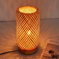 Bamboo Desk Light Woven Boho Beside Lamp Vintage Wicker Wooden Nightstand Lam...