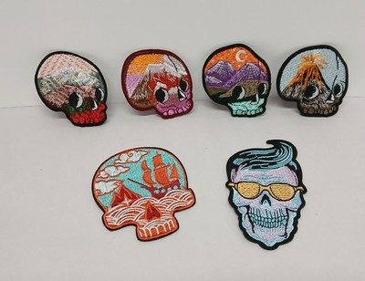 (6) Unique Skull Patches embroidered Pirate Ship Skull, Volcano Skull,
