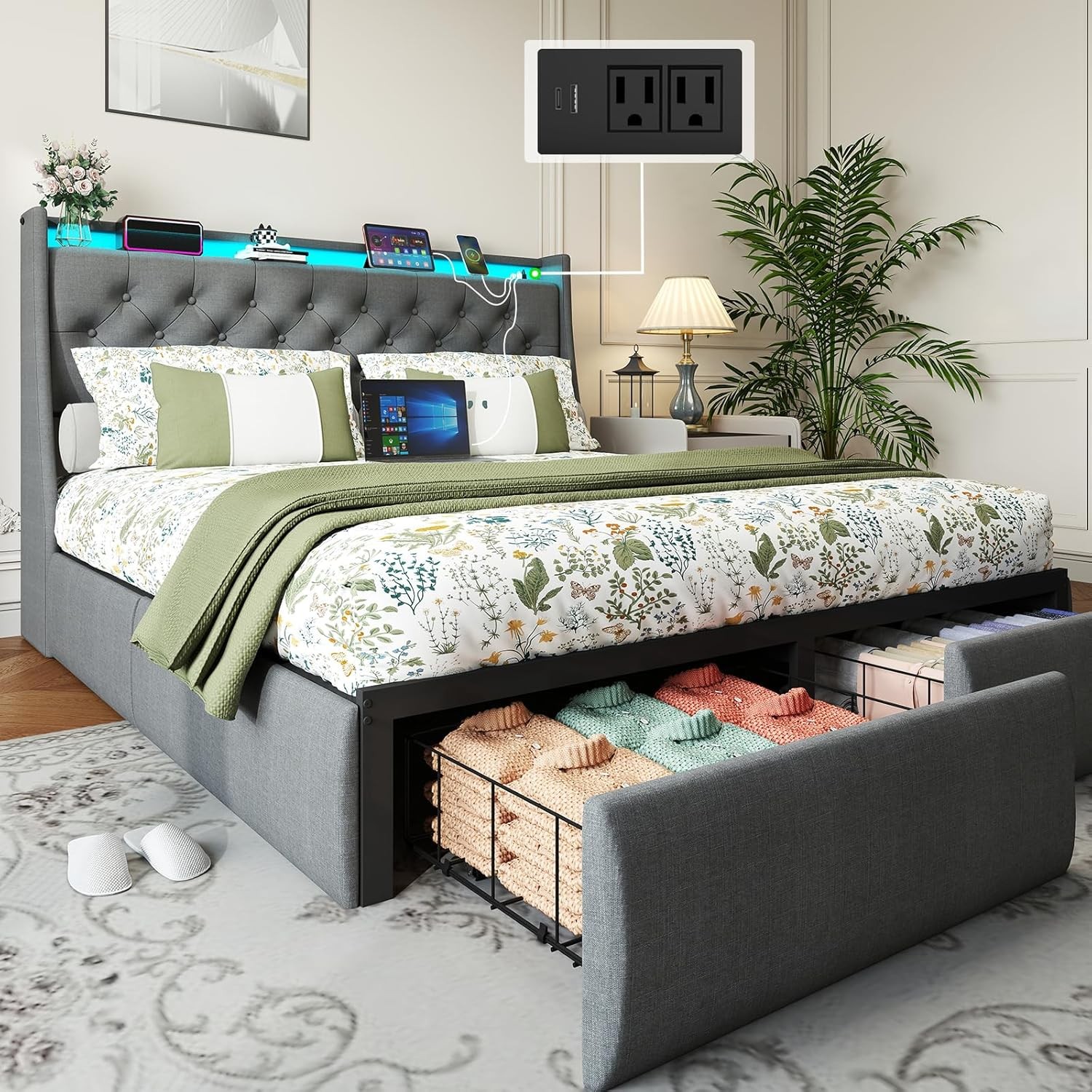 With 2 Storage Drawers, Charging Station And Led Light