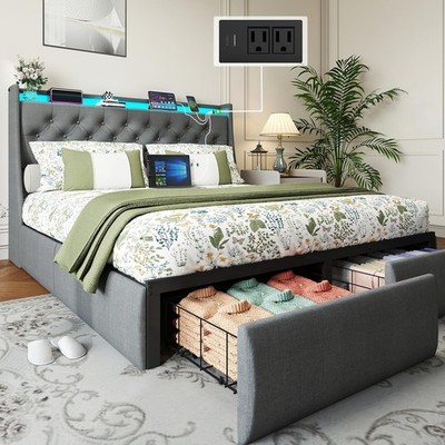 Full Queen Metal Bed Frame with Storage Drawers & Upholstered Charging Headboard