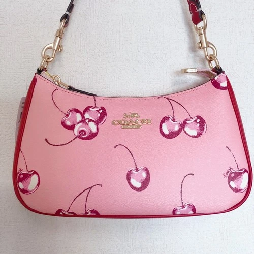 COACH Teri 2way Shoulder Bag Pink Canvas Leather Cherry Print CR290 Outlet New - Picture 6 of 16