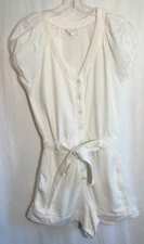 Sundays White Barrett Tie Waist Button Down Short Puff Sleeve Romper Size XS EUC