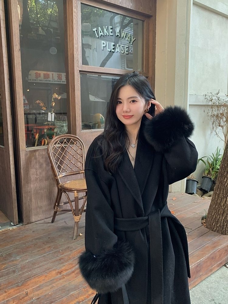 Womens Cashmere Coat Winter Luxury Wool Long Real Fox Fur Sleeve