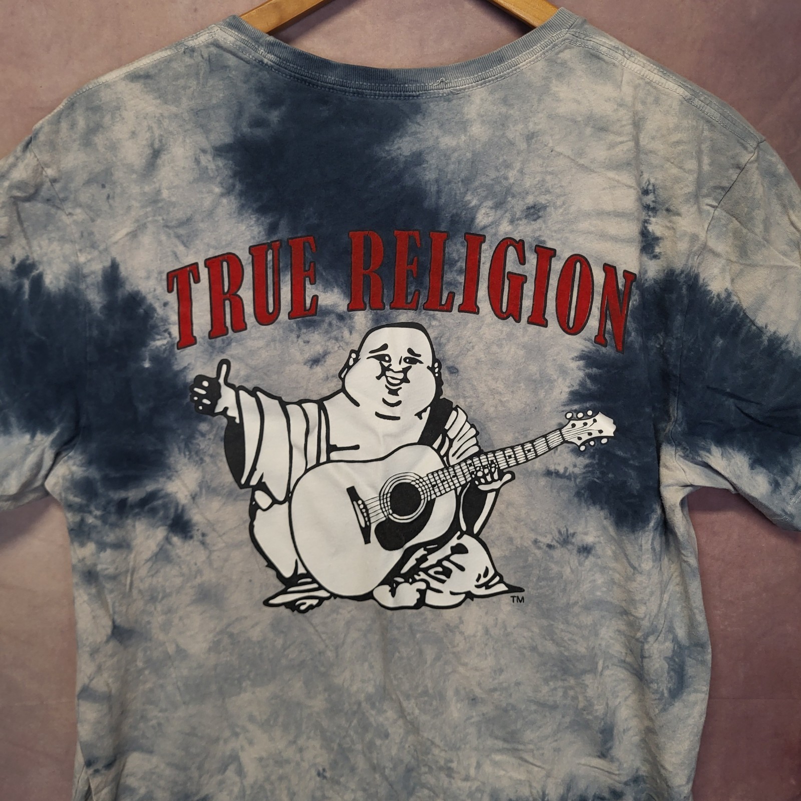 True Religion Tye Die Buddah Guitar Graffic T-Shirt Blue Men's Size M thumbnail 6