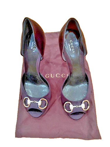 Gucci Black Satin Peep Toe Heels Silver Rhinestone Horsebit Accent Size EU 39.5