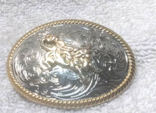 Silver Gold Western Small Bull Rider Belt Buckle Gold Rope Edge Oval Shape Great