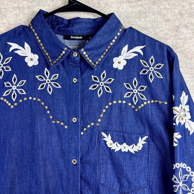 Desigual Floral Embroidered Denim Long Sleeve Button Western Women s Shirt XL