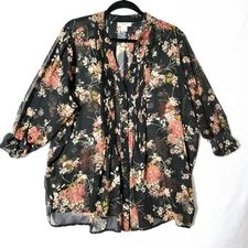 Style & Co Womens Tunic Top Sz 2X Button Up Pint-Tuck Bodice Black Peach Floral