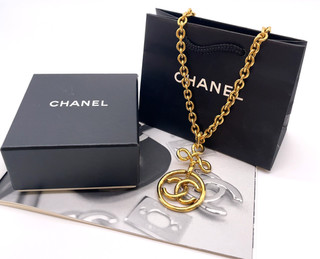 Auth Chanel Coco Mark Circle Round 93P Engraved Gold Chain Necklace W/B SK040211