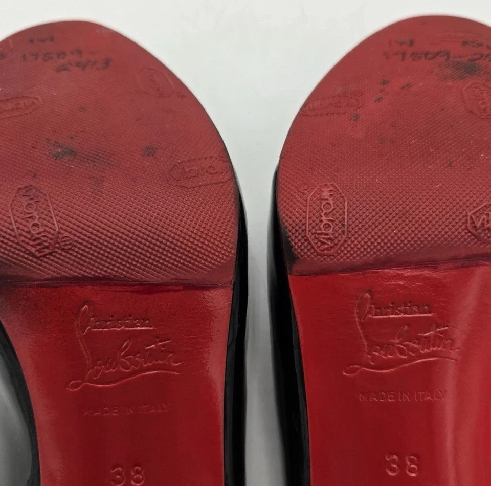 CHRISTIAN LOUBOUTIN Puntera Abierta Negro Charol Talla 38 Cordones Parte Inferior Roja Foto 2 de 4