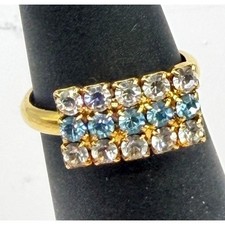 Gold Tone Blue White Rhinestone Adjustable Ring Sparkly Statement