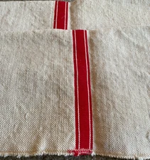 Pair of Vintage Rustic French Red Stripe Grain Sack Pieces - Thick 17” x 18”