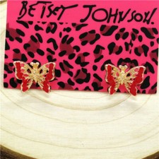 Pretty New Yellow Gold Plated Red Enamel Butterfly Stud Earrings