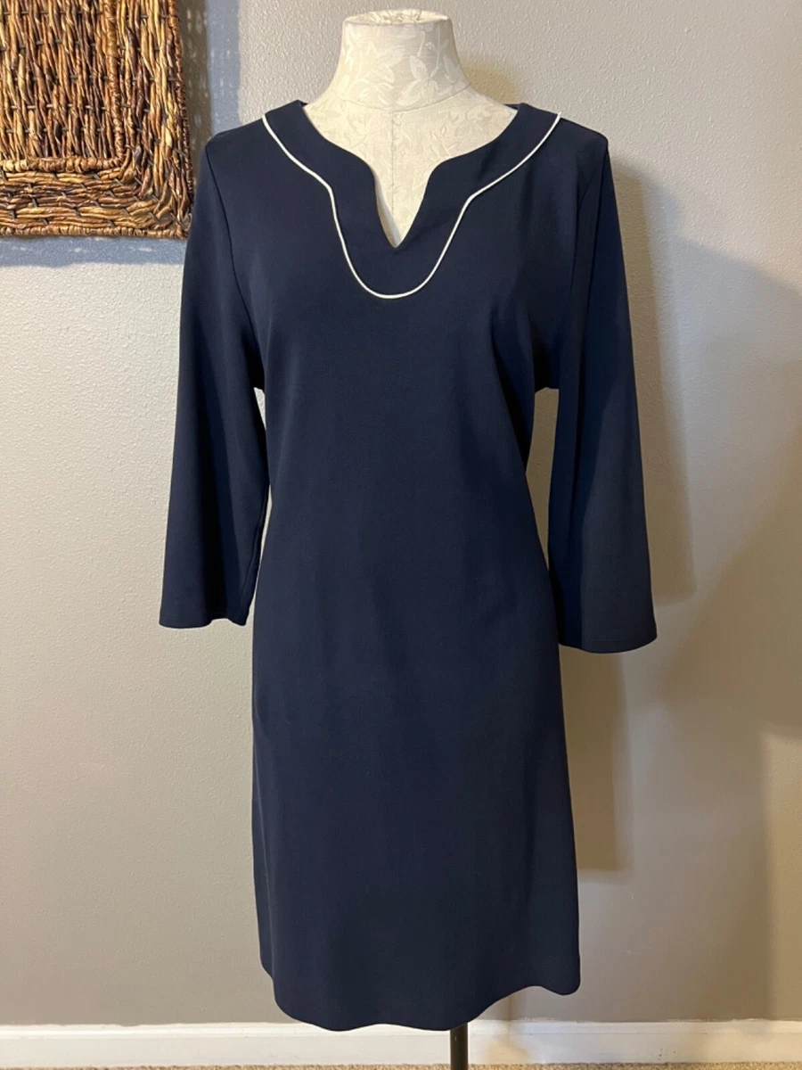 Talbots Dress L Large Blue Cream Trim Cotton 3 4 L S Stretch