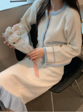 2 Piece Dress Set Woman Elegant Fashion Dress Slim Midi Skirt Long Sleeve TOP