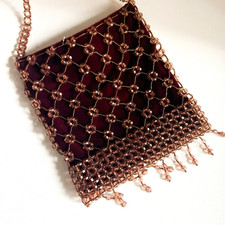 Vintage Bronze Velvet Beaded Fringe Detail Square Crossbody Pouch Bag