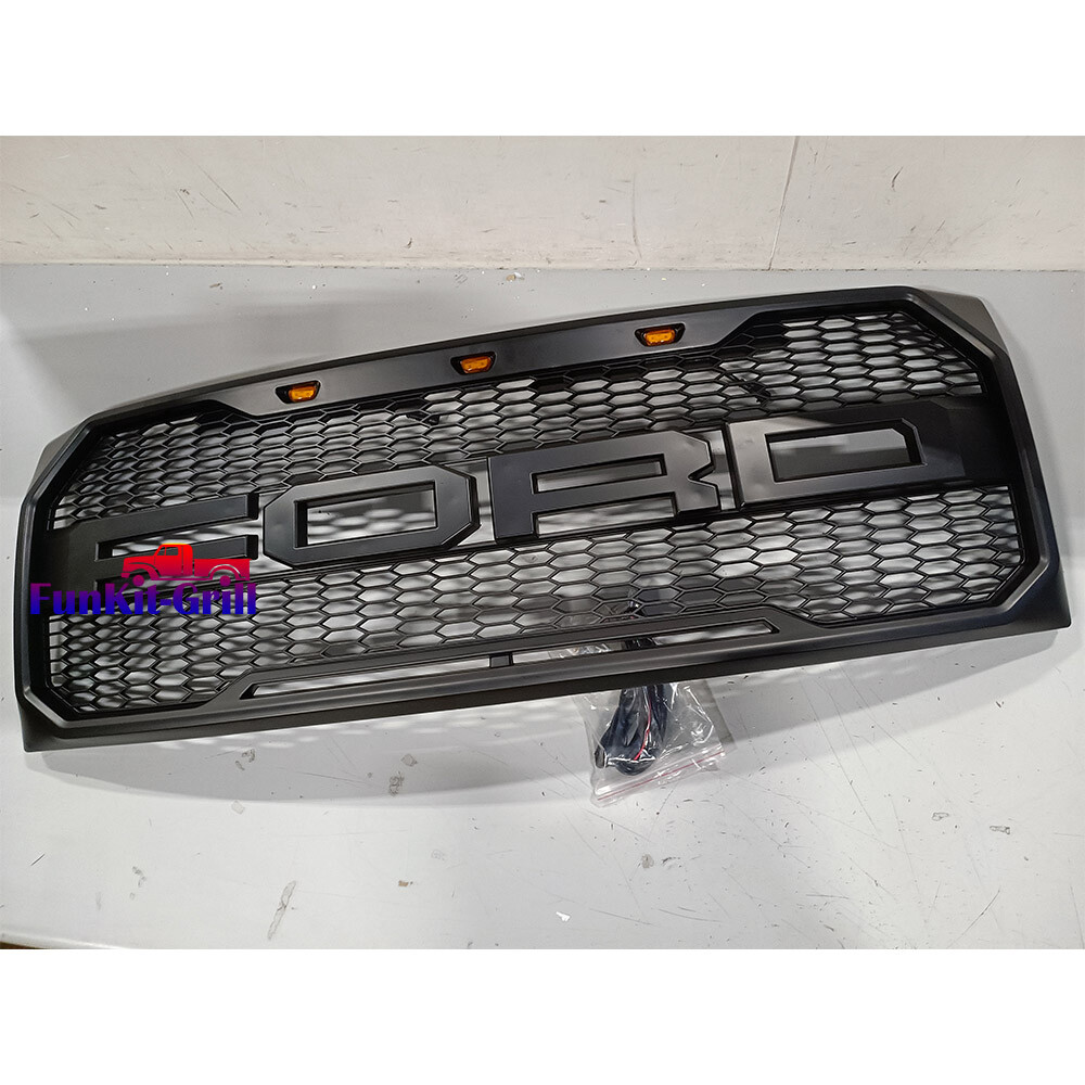 Grill For Ford F150 2009-2014 Raptor Style Hood Grille w/Letter &LED Matte Black