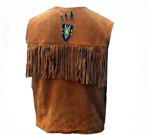 Men Suede Leather Western Style Vest Fringed & Beaded Waistcoat - Brown - Picture 2 of 4