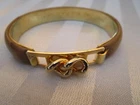VINTAGE 24 KT GOLD PLATED MADE IN ITALY LEATHER HINGED 7 1/2 CUFF BRACELET