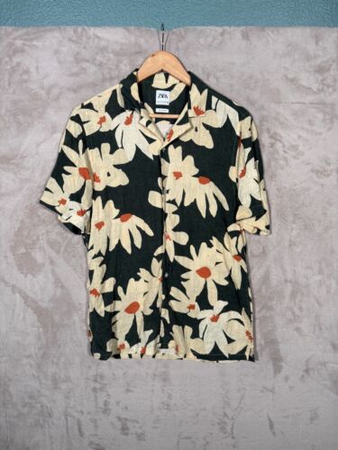 Zara Hawaiian Shirt Mens Medium Relaxed Fit Floral Linen Blend Green