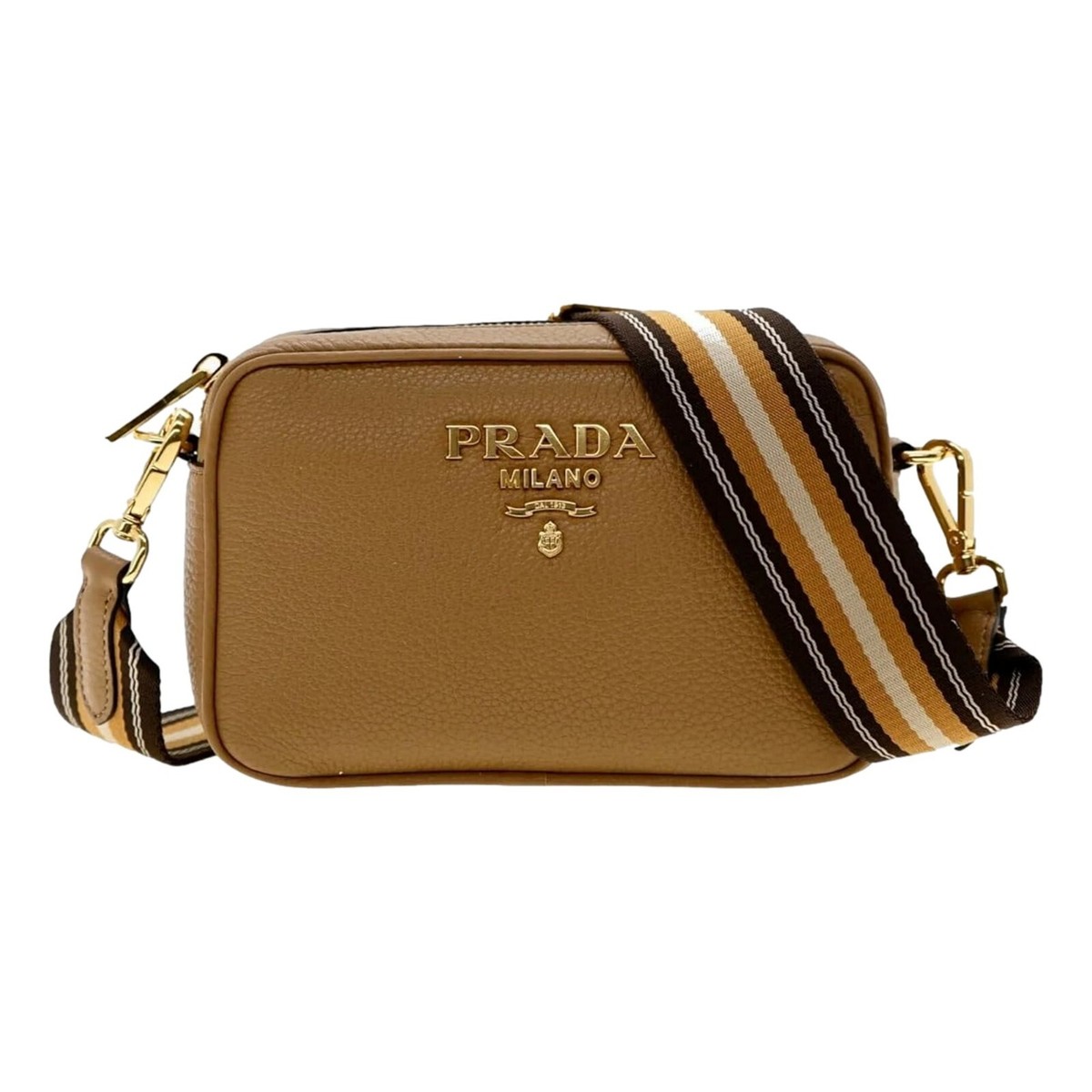 Prada Tan Caramel Leather Crossbody Bag Web Stripe Strap NEW | eBay