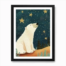 Polar Bear Looking At A Starry Sky  Framed Wall Art Poster Canvas Print Picture