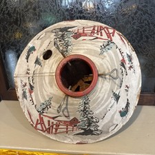 Vintage Christmas Tree Stand Coloramic Tin Metal Litho Sleigh Snow Scene 1950