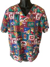 Fashion Scrubs Scrub Top Women's XL Christmas Santa Toys Bears Stockings V-Neck