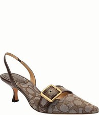 COACH Margot Signature Logo Jacquard Buckle Hardware Slingback Kitten Heel Pumps