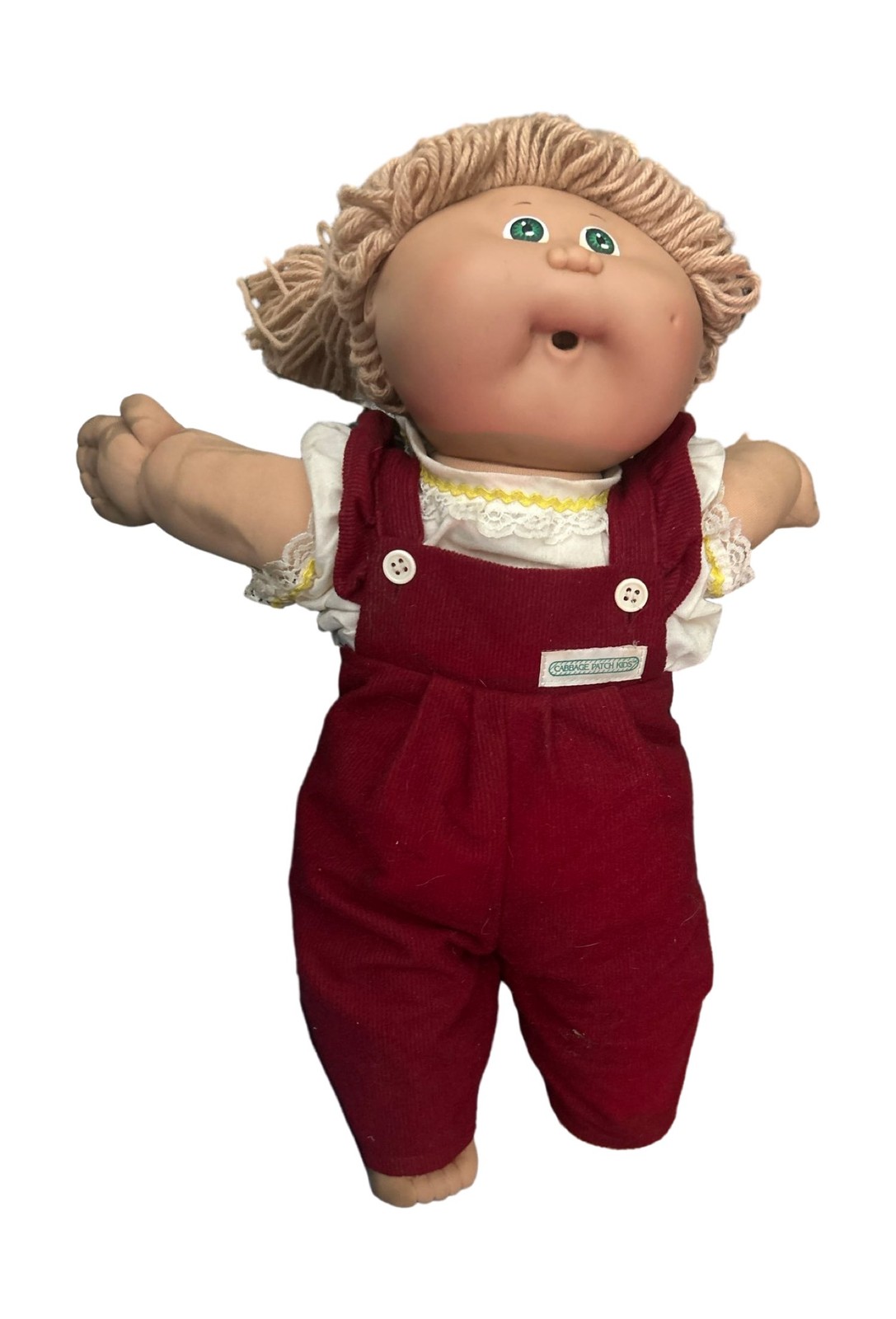 Cabbage Patch Kids Doll Blonde Hair Green Eyes 1980s Red Corduroy Overalls