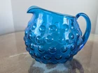 Vtg Blenko Squat Pitcher Hand Blown Glass Bubble Optic Blue MCM W Virginia Art