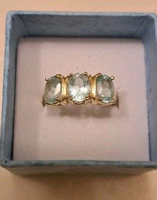 14k Solid Yellow Gold Aqua Sapphire Trilogy Ring Size 6.5
