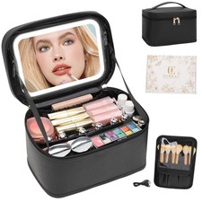 Makeup Bag With LED Mirror, Travel Makeup Bag With 3 Color Setting Light Up M...