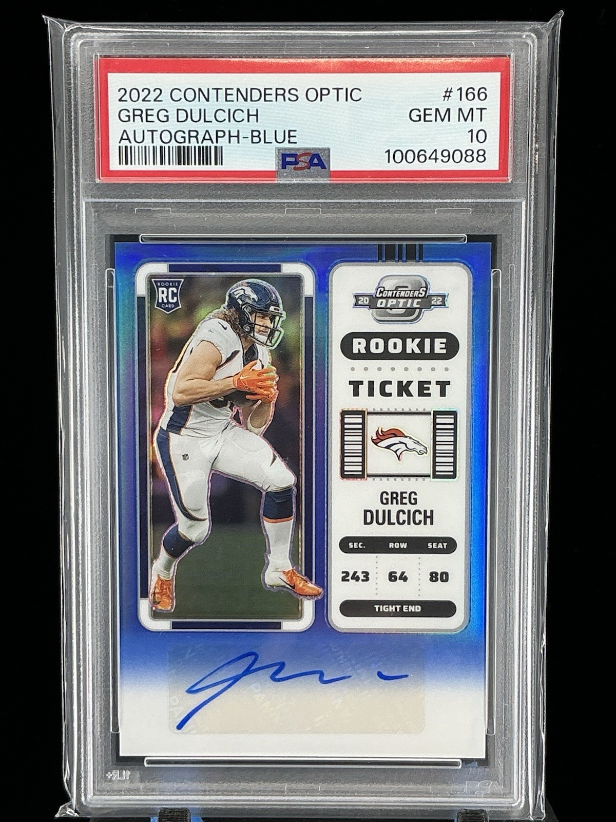2022 Contenders Optic Greg Dulcich Blue Prizm Rookie Ticket Auto /75 #166 PSA 10