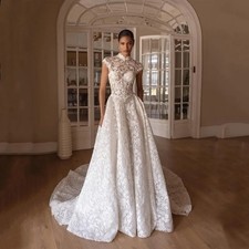 High Neck Lace Applique Wedding Dress Sleeveless Bride Gown Backless Sweep Train