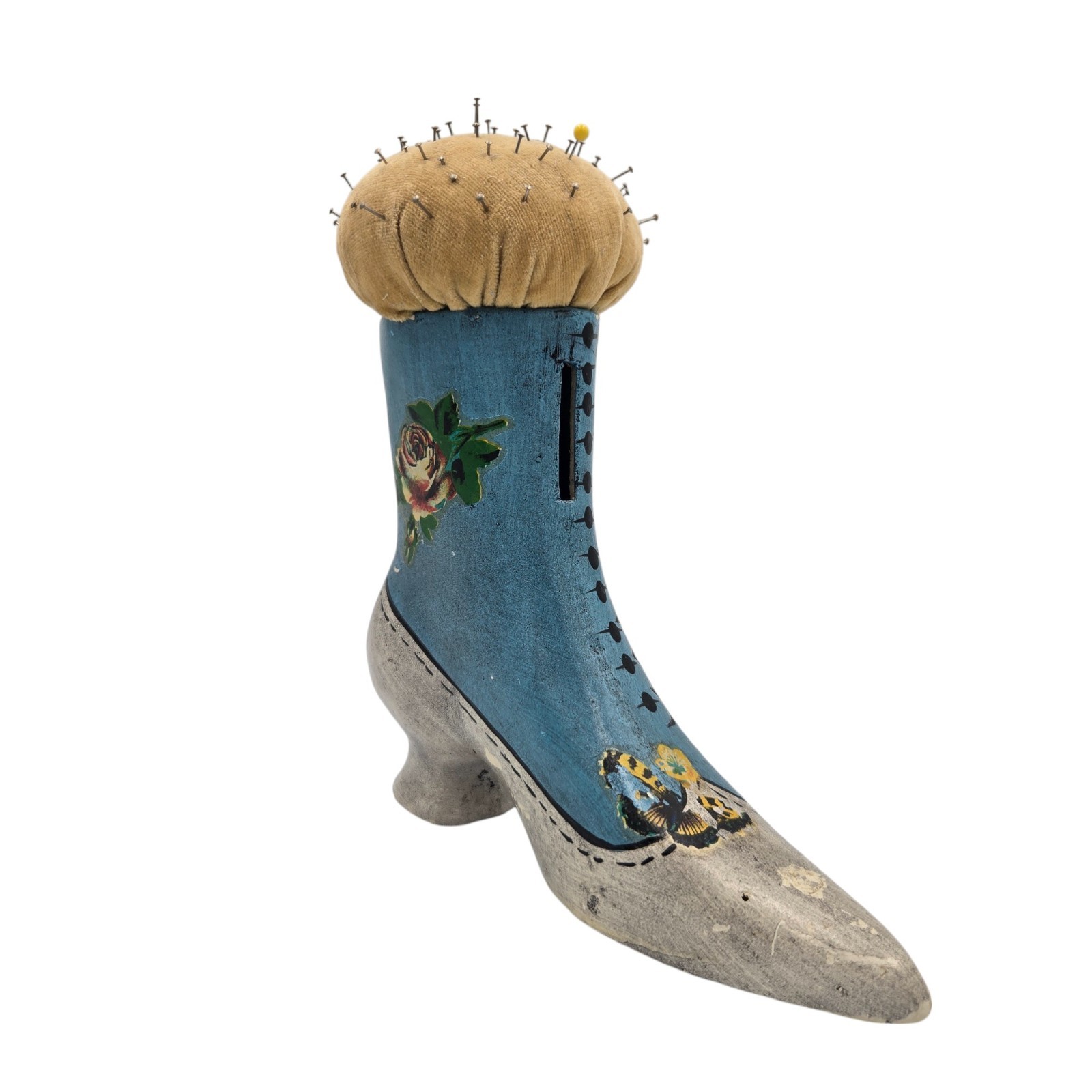 Plaster Victorian High Heel Boot Pincushion 7" tall