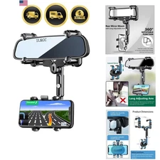Car Rearview Mirror Phone Holder 360° Rotating Retractable Adjustable Mount