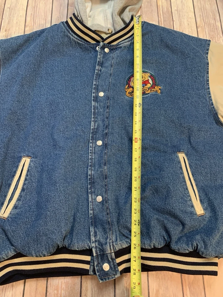Vintage Disney Winnie the Pooh Denim Varsity Jacket Size L With Detachable Hood - Image 2 of 4