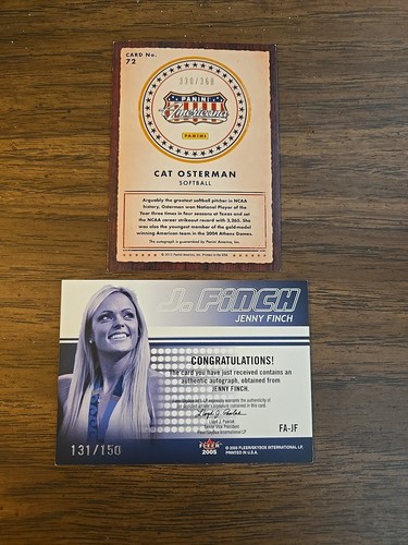 (2) JENNY FINCH 2005 FLEER /150 CAT OSTERMAN 2012 AMERICANA /368 #FA-JF& #72 - Zdjęcie 2 z 2