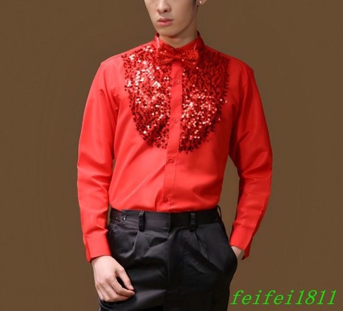 Mens Clubwear Costume Slim Fit Shirts Sequins Youth Show Party Casual Dress Tops - 第 18/20 張圖片