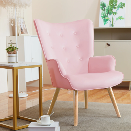 Modern Velvet Vanity Chair - High Back Armchair for Living Room Vanity - Pink