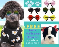 3PC SET DOG CAT SMALL PET/ DOLL TOY SUNGLASSES 7-8cm HAIR RIBBON CORD SALE